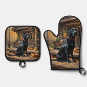 Schwarzes Labrador Retriever Log Kabine Herbst Ofenhandschuh & Topflappen-Set (Vorderseite)