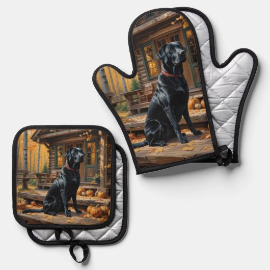 Schwarzes Labrador Retriever Log Kabine Herbst Ofenhandschuh & Topflappen-Set (Vorderseite/Rückseite)