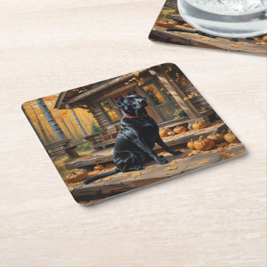 Schwarzes Labrador Retriever Log Kabine Herbst Rechteckiger Pappuntersetzer (angewinkelt)