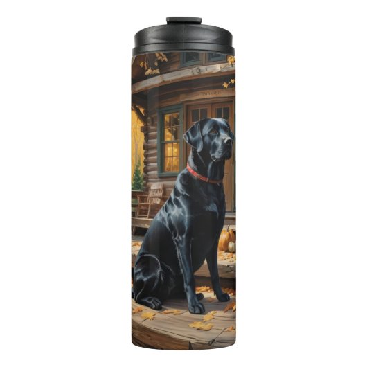 Schwarzes Labrador Retriever Log Kabine Herbst Thermosbecher (Vorderseite)