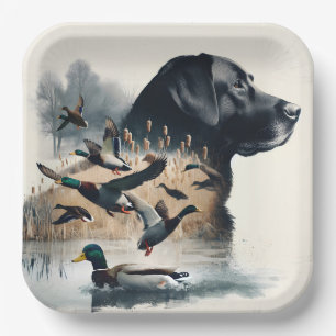 Schwarzes Labrador Retriever und Enten Pappteller