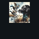 Schwarzes Labrador und Enten Leinwanddruck<br><div class="desc">Ein Labrador Hund und mehrere Enten werden vorgestellt,  die sich zu einer natürlichen Feuchtgebiet-Szene vermischen</div>