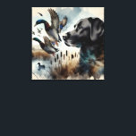 Schwarzes Labrador und Enten Leinwanddruck<br><div class="desc">Ein Labrador Hund und mehrere Enten werden vorgestellt,  die sich zu einer natürlichen Feuchtgebiet-Szene vermischen</div>