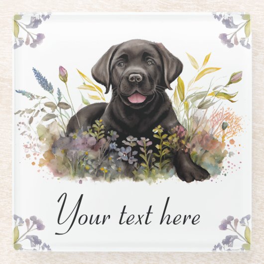 Schwarzes Labrador und Sommer-Blume Glasuntersetzer (Vorderseite)