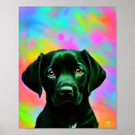 Schwarzes Labrador vor einem farbenfrohen Poster