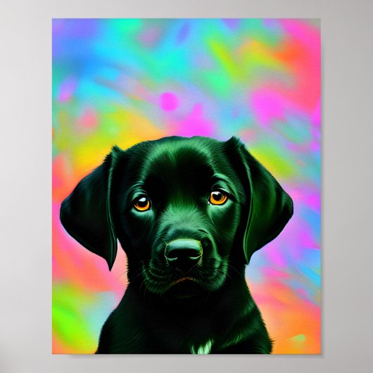 Schwarzes Labrador vor einem farbenfrohen Poster (Vorne)