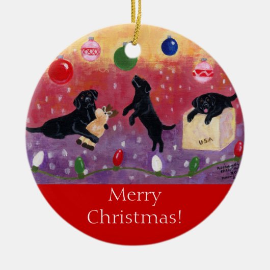 Schwarzes Labrador-Weihnachten Keramik Ornament (Vorne)