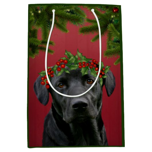 Schwarzes Labrador Weihnachten Mittlere Geschenktüte (Vorderseite)