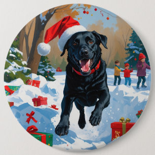 Schwarzes Labrador-Weihnachtsfest-Schneeszene  Button