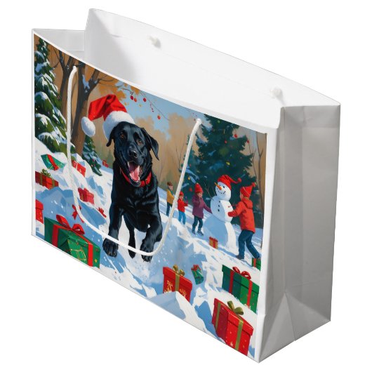 Schwarzes Labrador Weihnachtsfest Schneeszene Große Geschenktüte (Vorderseite Schrägansicht)