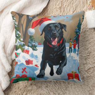 Schwarzes Labrador-Weihnachtsfest-Schneeszene  Kissen