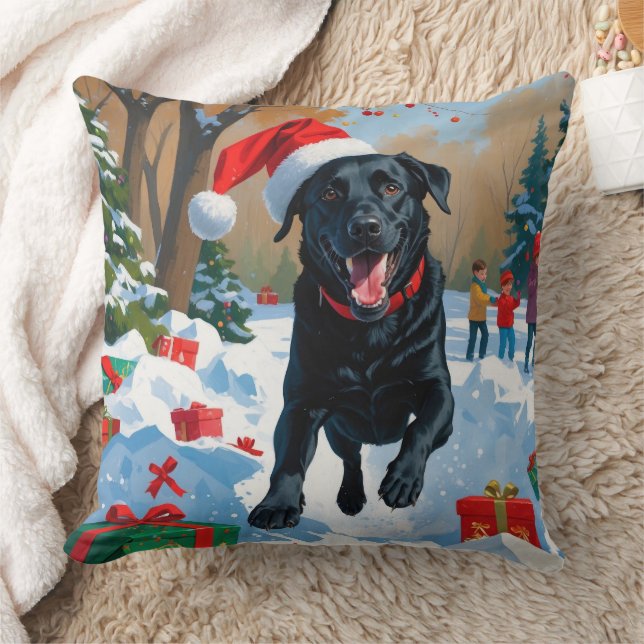 Schwarzes Labrador Weihnachtsfest Schneeszene Kissen (Decke)