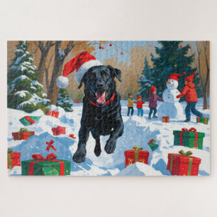 Schwarzes Labrador-Weihnachtsfest-Schneeszene  Puzzle