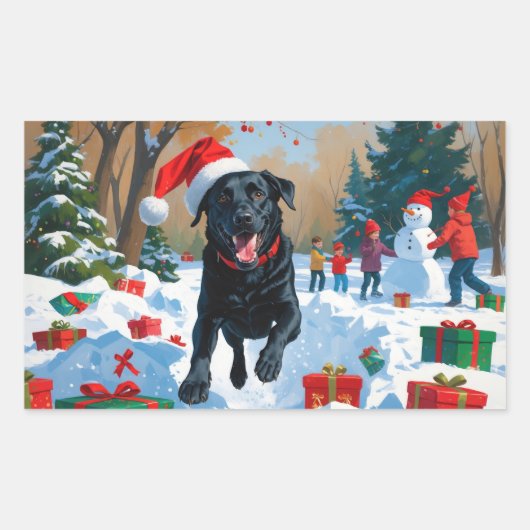 Schwarzes Labrador Weihnachtsfest Schneeszene Rechteckiger Aufkleber (Vorderseite)