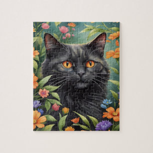 Schwarzes Langhaar-Katzen-Familienhaustierporträt Puzzle