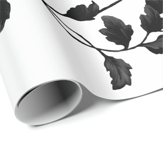 Schwarzes Leaf Blumenmuster auf Weiß Geschenkpapier (Rolleneckpunkt)