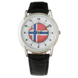 Schwarzes Leder auf der norwegischen Flagge Armbanduhr