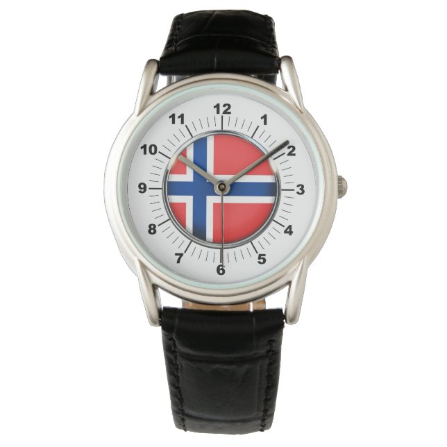 Schwarzes Leder auf der norwegischen Flagge Armbanduhr (Vorderseite)
