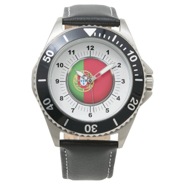 Schwarzes Leder auf der portugiesischen Flagge Armbanduhr (Vorderseite)