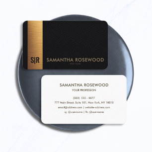 Schwarzes Leder & gebürstetes Gold Panel Monogramm Visitenkarte