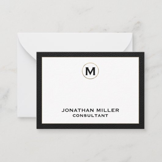 Schwarzes Leder Gold Erstmonogramm Mitteilungskarte (Vorderseite)