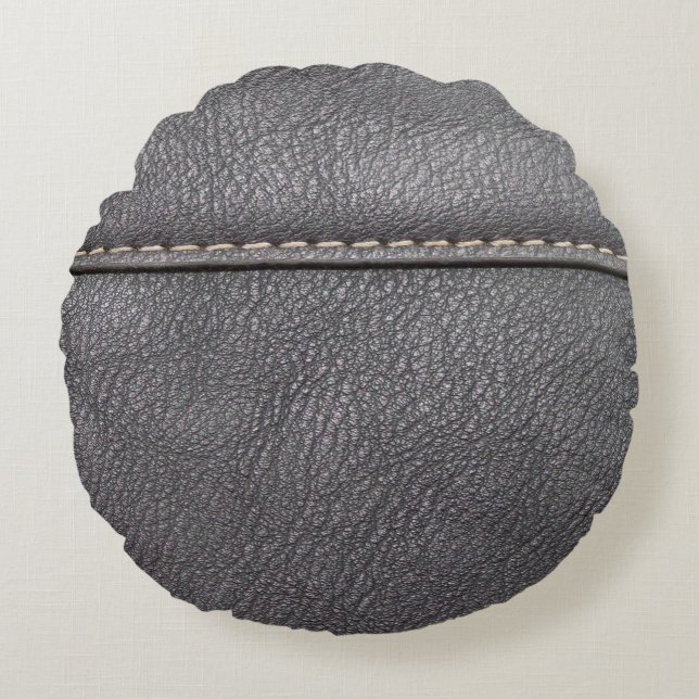 Schwarzes Leder mit weißer Heftung Rundes Kissen (Vorderseite)