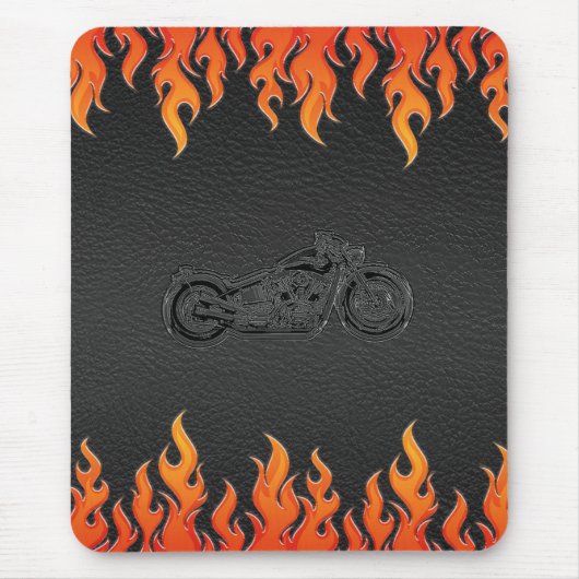 Schwarzes Leder Orange Flamme Chrome Motorrad Mousepad (Vorne)