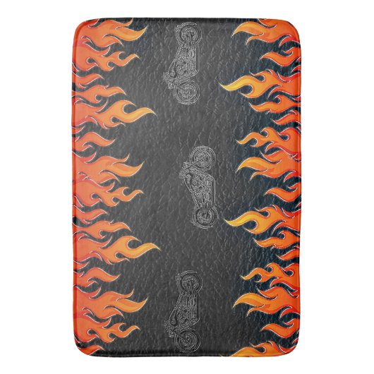 Schwarzes Leder Orange Flammen Hot Fire Motorrad Badematte (Vorderseite Vertikal)