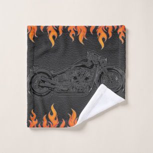 Schwarzes Leder Orange Flammen Hot Fire Motorrad Badhandtuch Set