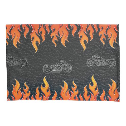Schwarzes Leder Orange Flammen Hot Fire Motorrad Kissenbezug (Vorderseite)