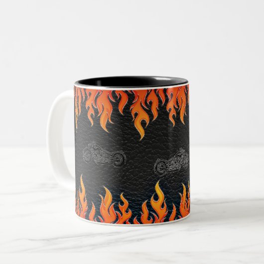 Schwarzes Leder Orange Flammen Hot Fire Motorrad Zweifarbige Tasse (Vorderseite Links)