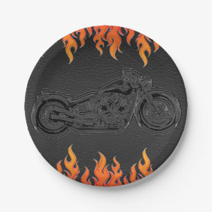 Schwarzes Leder Orange Flammen Motorrad Biker Part Pappteller