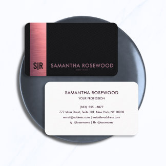 Schwarzes Leder & Rosé Metallic Panel Monogramm Visitenkarte