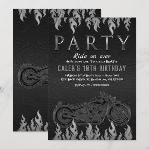 Schwarzes Leder Silber Chrom Motorrad Biker Party Einladung