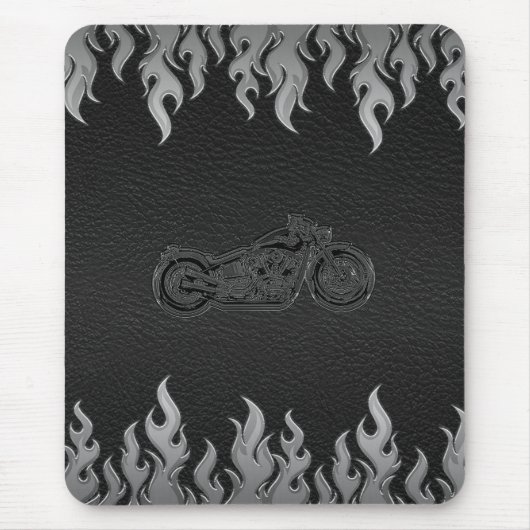 Schwarzes Leder Silber Flammen Chrom Motorrad Mousepad (Vorne)