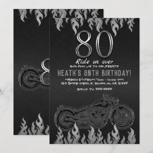 Schwarzes Leder Silber Motorrad 80TH 80 Geburtstag Einladung