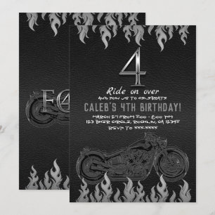 Schwarzes Leder Silbernes Motorrad 4 4. Geburtstag Einladung