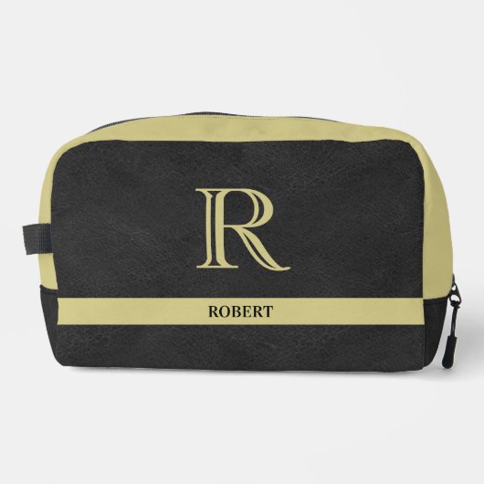 Schwarzes Leder Textur Gold Monogram Name Waschbeutel (Vorderseite)