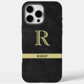 Schwarzes Leder Textur Monogram Name Gold Case-Mate iPhone Hülle (Rückseite)