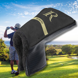 Schwarzes Leder Textur Monogram Name Gold Golf Headcover