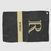 Schwarzes Leder Textur Monogram Name Gold Golfhandtuch (Horizontal)
