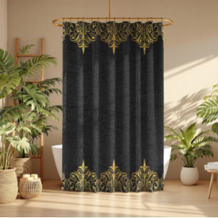 Schwarzes Leder Textur Print Gold Border Duschvorhang