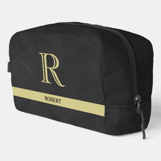 Schwarzes Leder Textur Trim Gold Monogram Name Waschbeutel (Rechte Ecke)