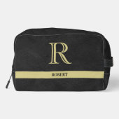 Schwarzes Leder Textur Trim Gold Monogram Name Waschbeutel (Rückseite)