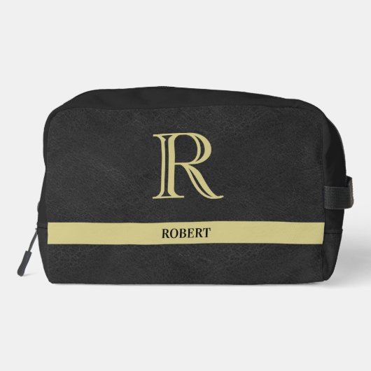 Schwarzes Leder Textur Trim Gold Monogram Name Waschbeutel (Rückseite)