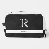 Schwarzes Leder Textur Trim White Monogram Name Waschbeutel (Vorderseite)