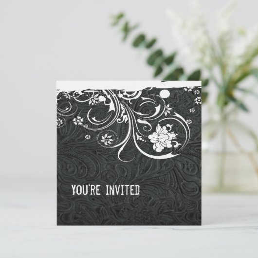 Schwarzes Leder und weiße Spitzen Einladung (Stehend Vorderseite)