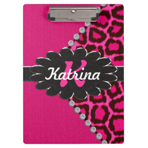 Schwarzes ledernes Monogramm auf rosa Gepard Klemmbrett