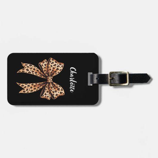 Schwarzes Leopard-Printbogenskript Gepäckanhänger (Vorderseite horizontal)