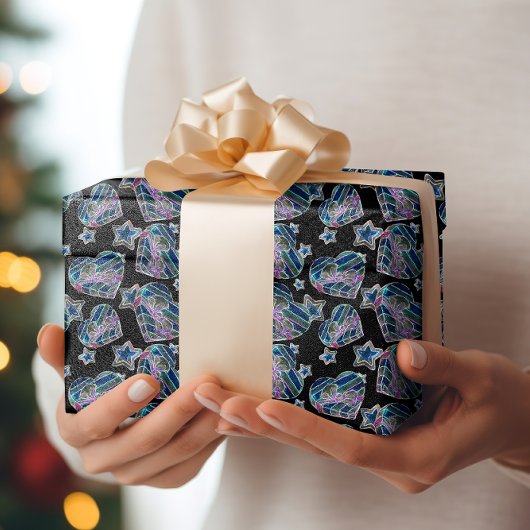 Schwarzes Licht Neon Glow Xmas Herzen und Sterne Geschenkpapier